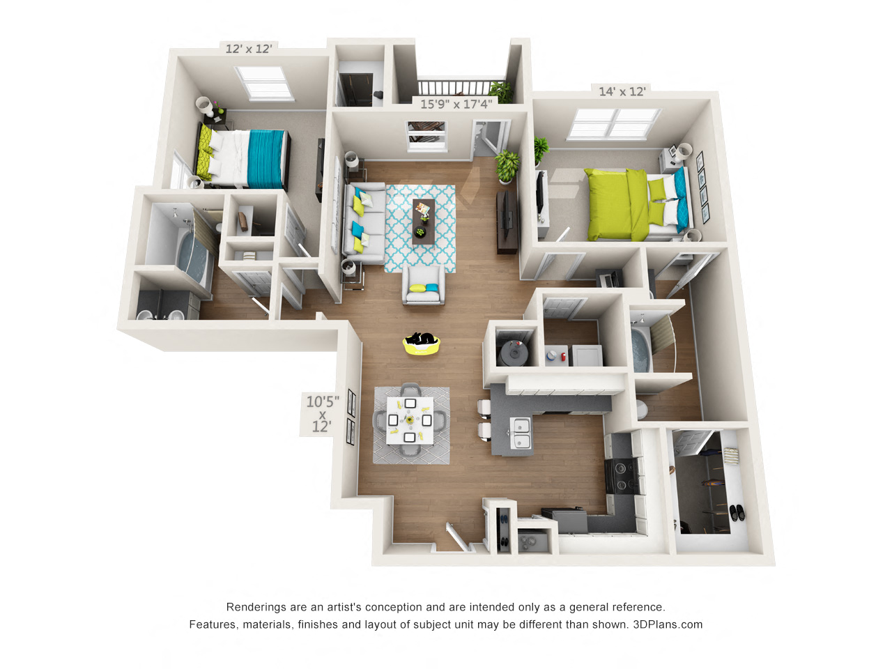 Floor plan for 2 beds, 2 baths, 1320 sqft